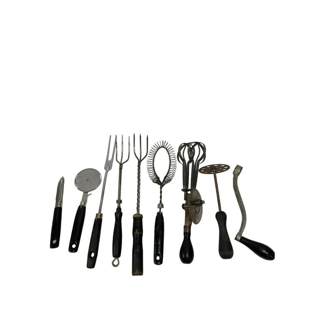 Lot of 9 Vintage Black Kitchen Utensils Forks Beater Masher Peeler‎ Handle Rusty